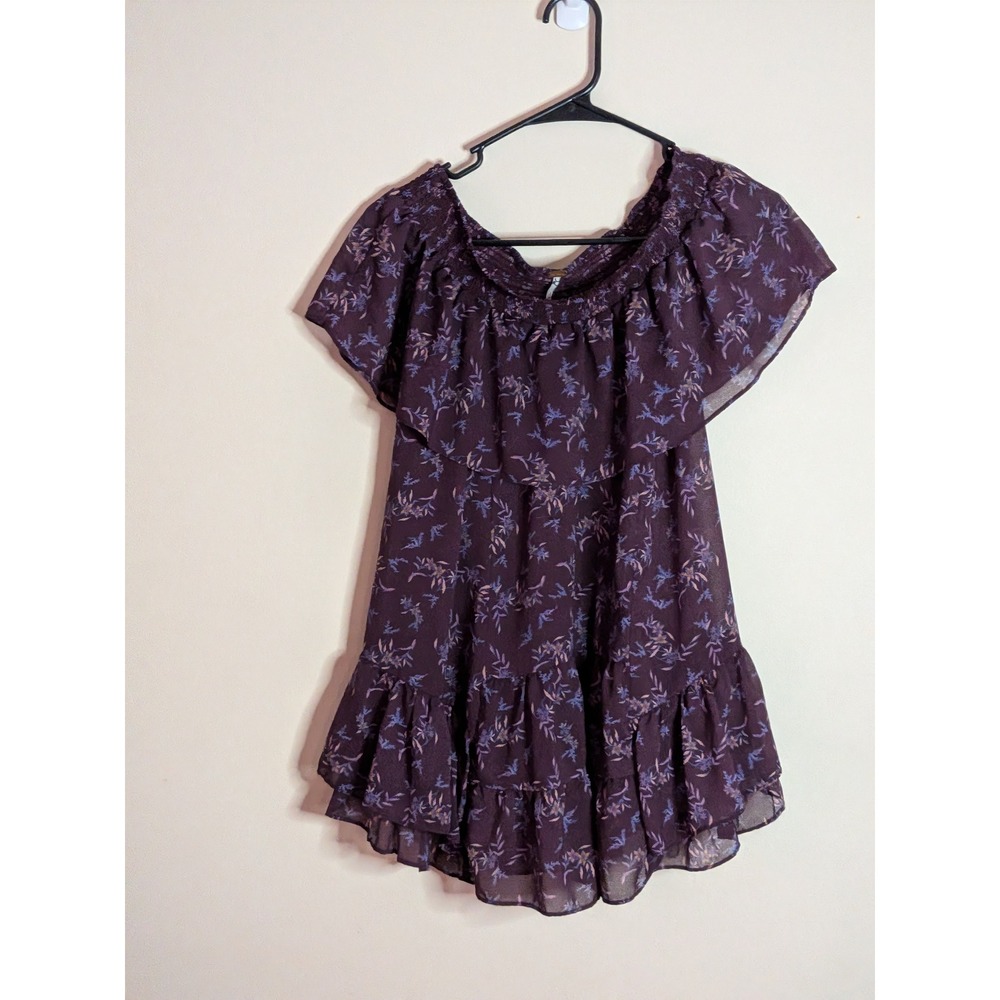 Free People Purple Floral Off Shoulder Ruffle Tiered Mini Dress Tunic XS